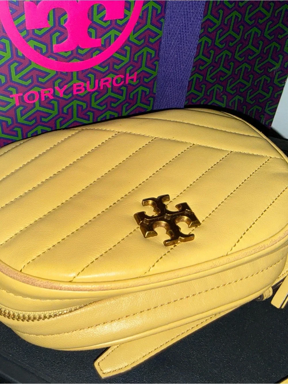 Tory Burch Mustard Quilted Leather Crossbody with Gold Logo